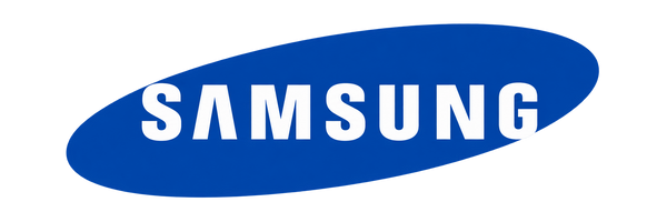 Samsung logo in white text inside a blue oval on a black background