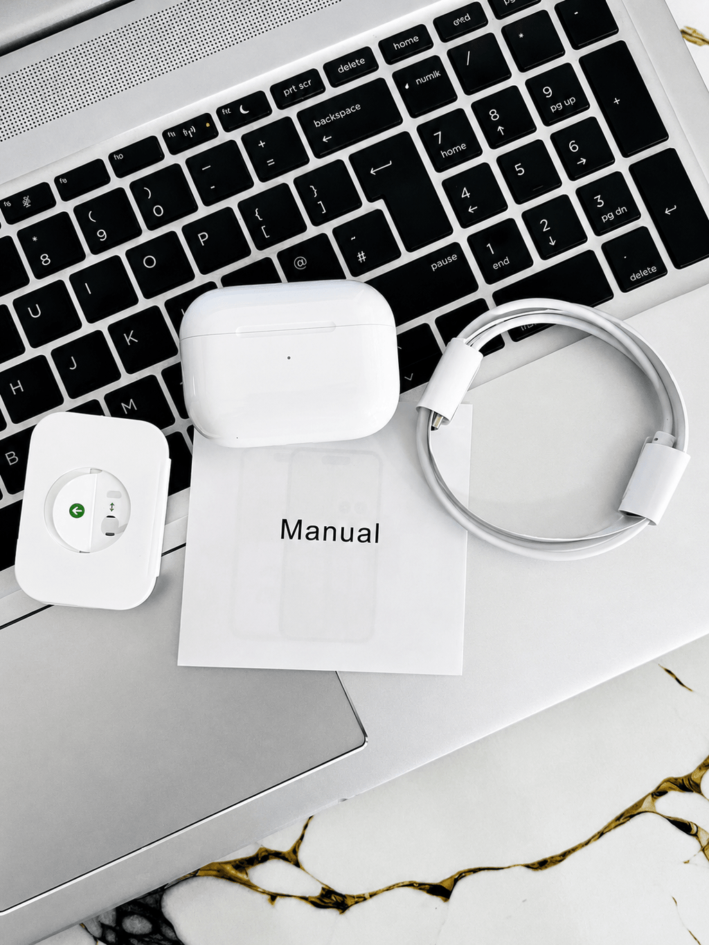 White AirPods Pro 2 style wireless earbuds with ANC and USB-C charging case