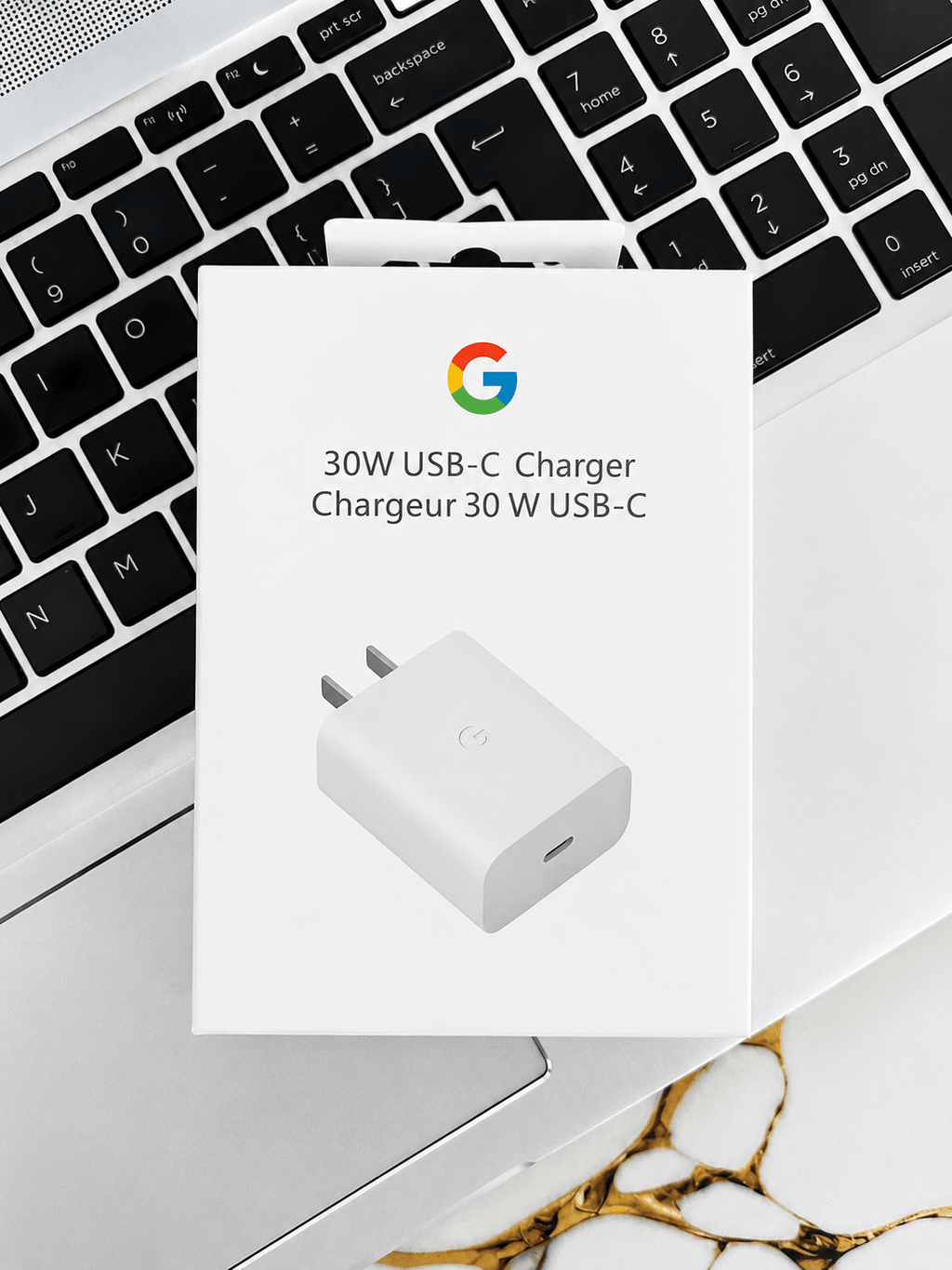 White Google 30W USB-C power charger compact wall adapter