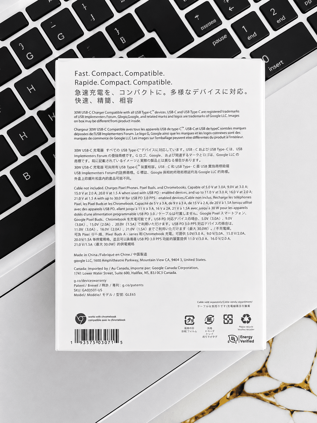 White 30W USB-C power charger compatible with Google devices