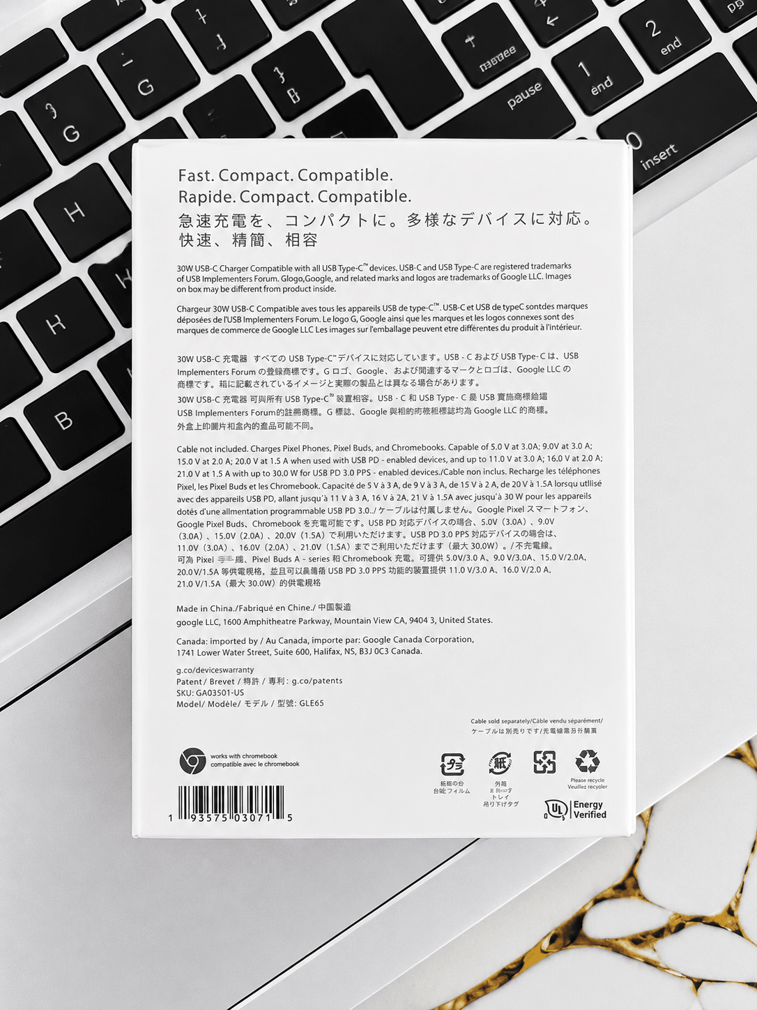 White 30W USB-C power charger compatible with Google devices